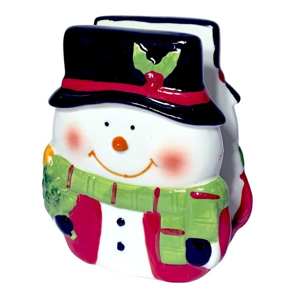 Snowman Kitchen Hand Painted Set Christmas Ceramic Dish Tray Napkin Holder 2 PC - Picture 8 of 15